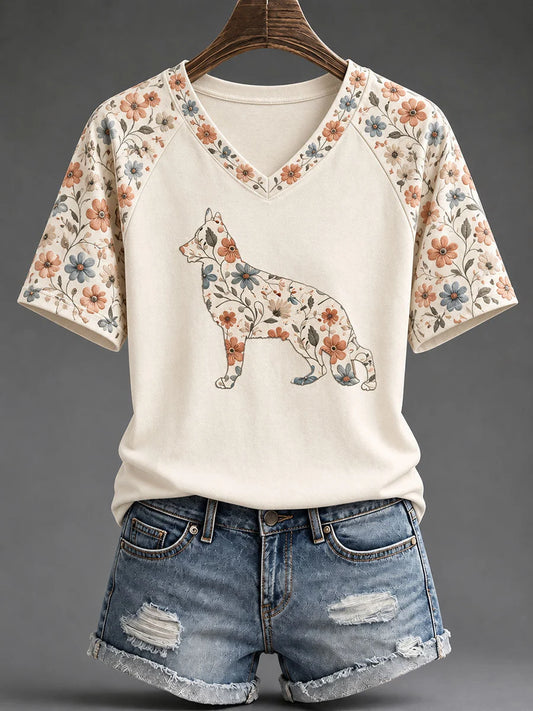 Women's Sheepdog Floral Print Casual T-Shirt