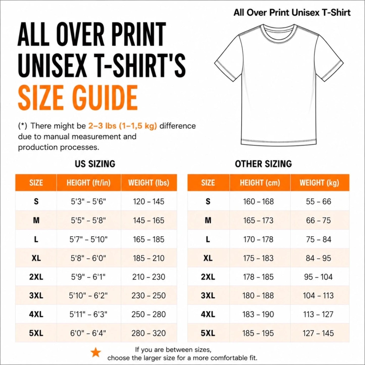 AOP shirt size chart