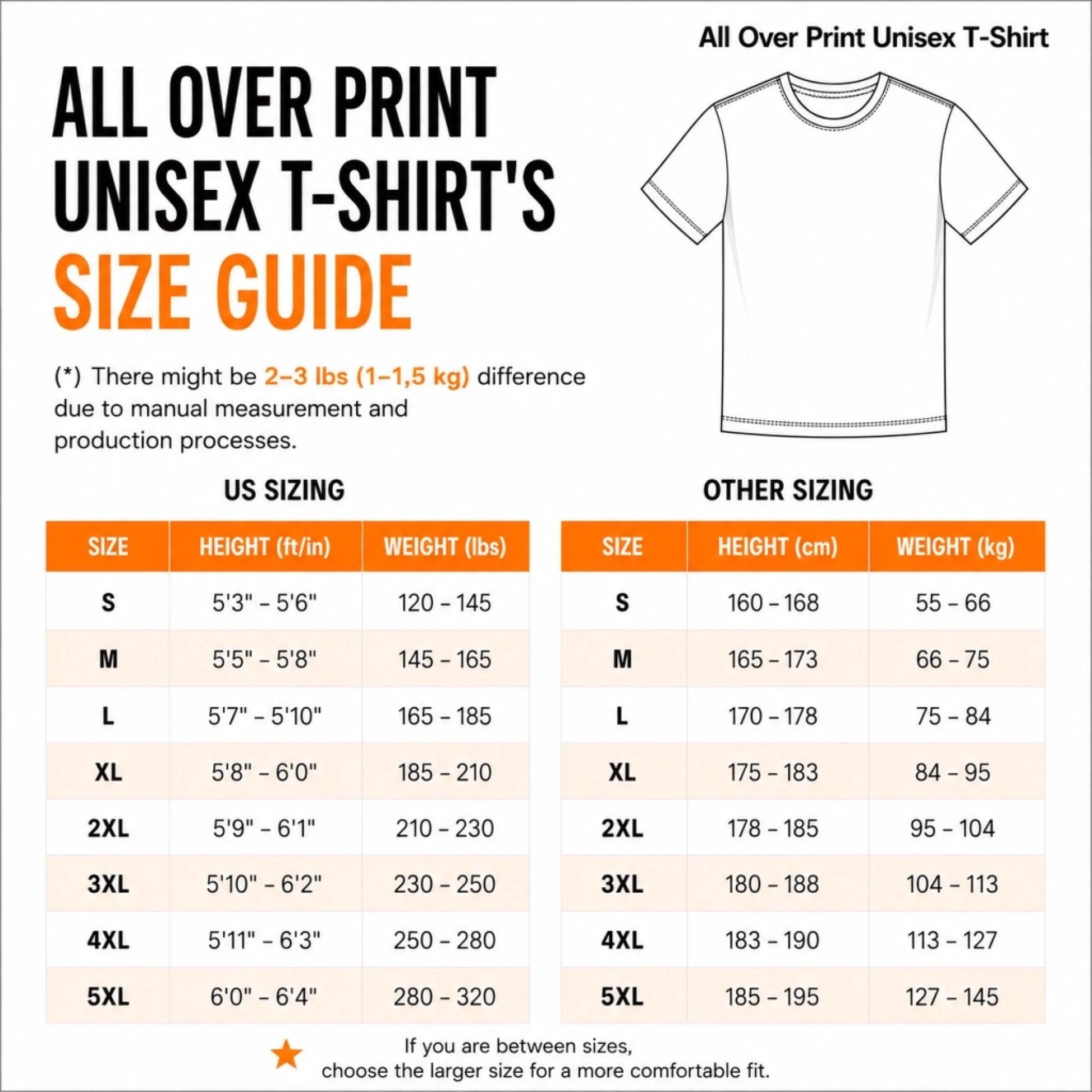 AOP shirt size chart