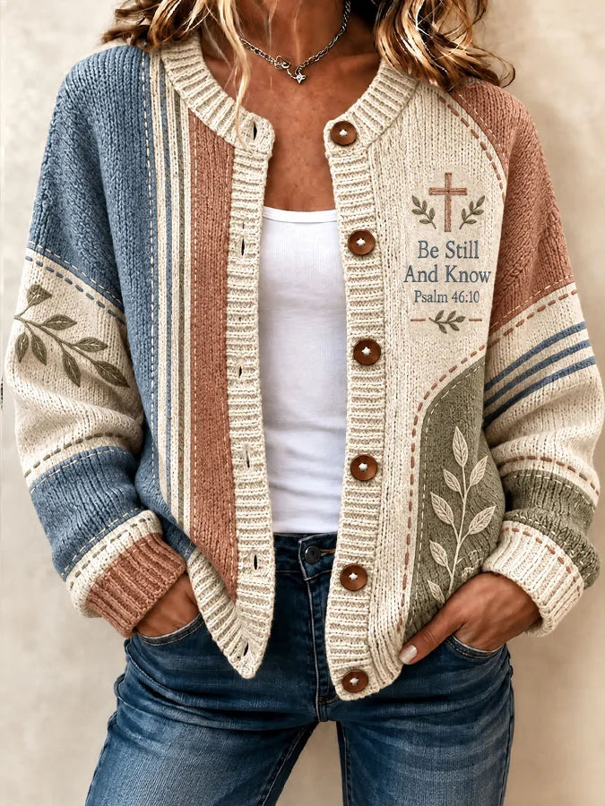 Women's Be Still And Know, Psalm 46:10 Print Knit Cardigan
