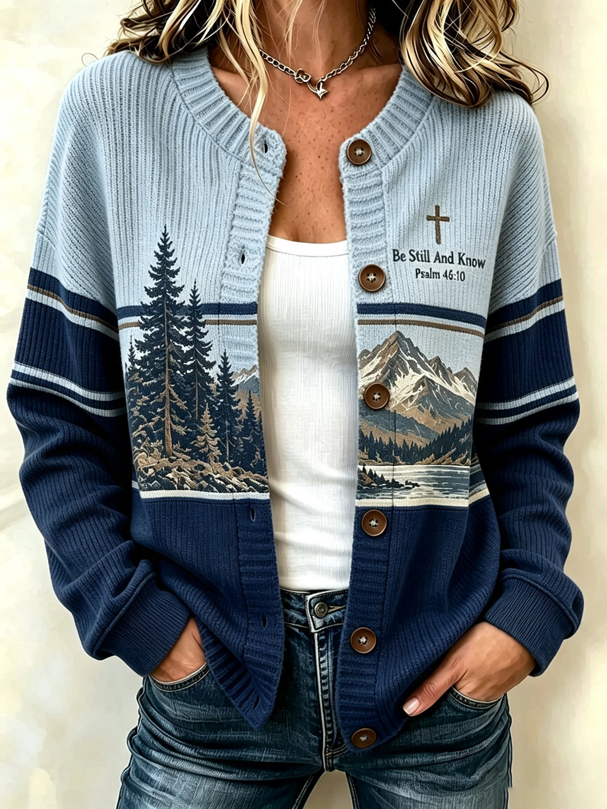 Women's Be Still And Know Psalm 46:10 Print Knit Cardigan