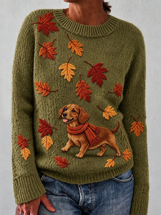 Women's Autumn Leaf Dog Pattern Design Casual Long-Sleeve Sweater