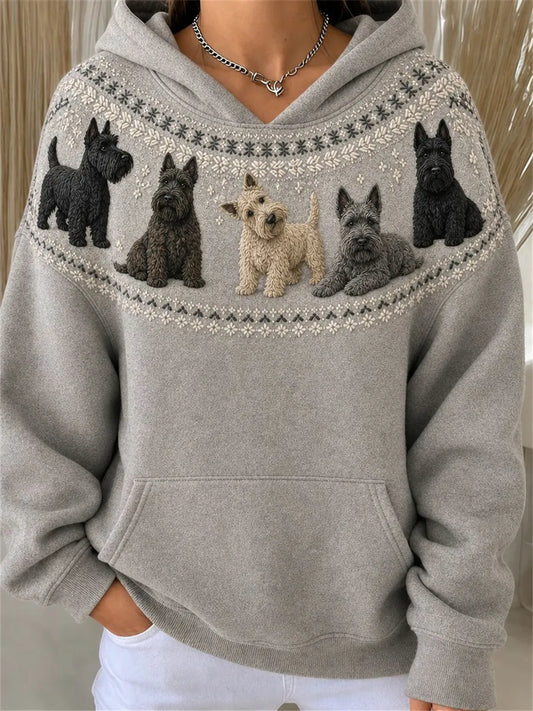 Women's Vintage Scottish Terrier Dogs Yoke Isle Pattern Print Cozy Hoodie