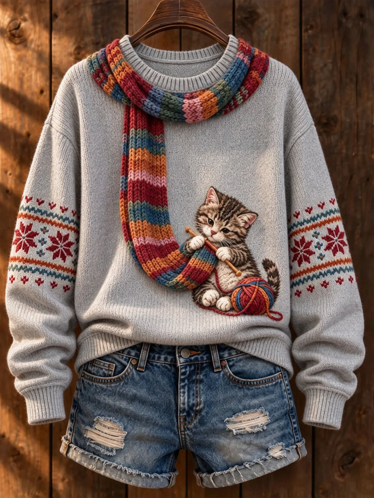 Women's Cute Winter Cat Print Long-Sleeve Knit Top