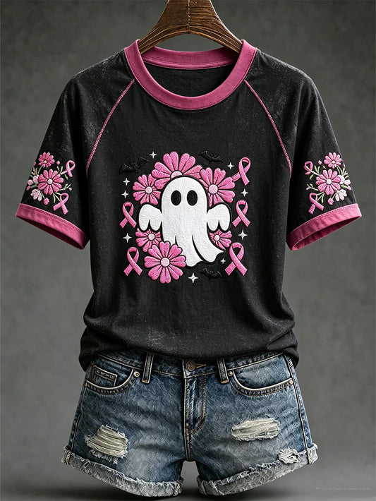 Women's Breast Cancer Theme Halloween Cute Boo Elements Pattern Printed Casual Short Sleeve T-Shirt