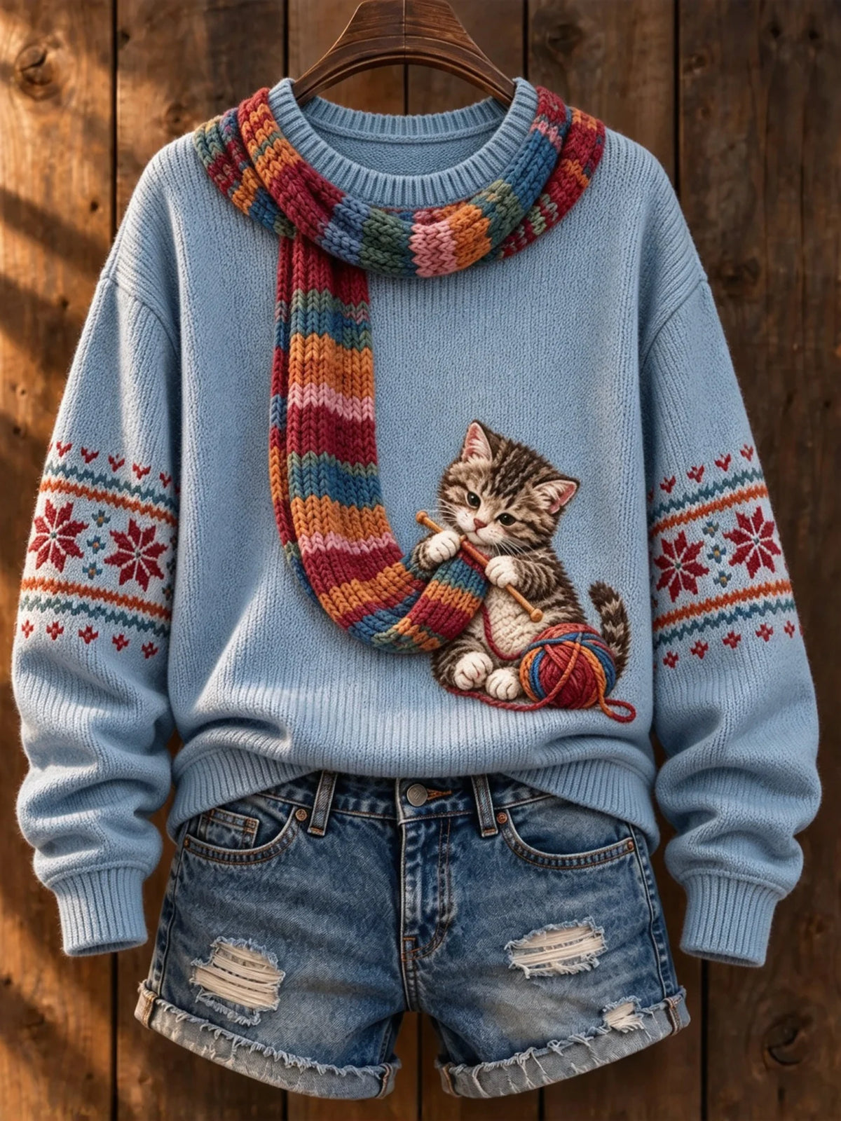 Women's Cute Winter Cat Print Long-Sleeve Knit Top