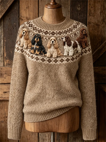 Women's Vintage Lovely Cocker Spaniel Dogs Yoke Isle Print crew neck sweater