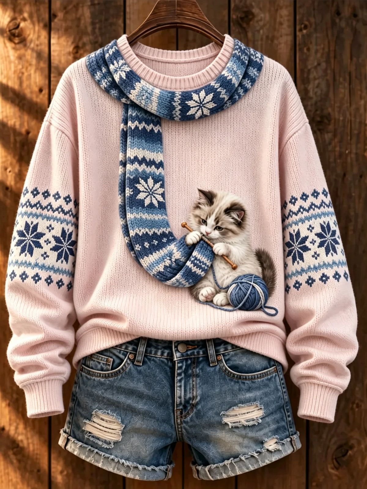 Women's Cute Winter Cat Print Long-Sleeve Knit Top
