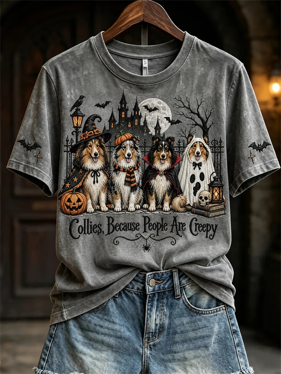 Women's Collies Because People Are Creepy Halloween Dogs Print short-sleeved T-shirt