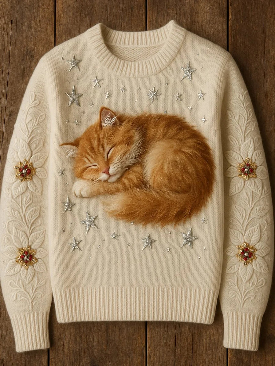 Women's Cute Cat Art Print Casual Crew Neck Sweater