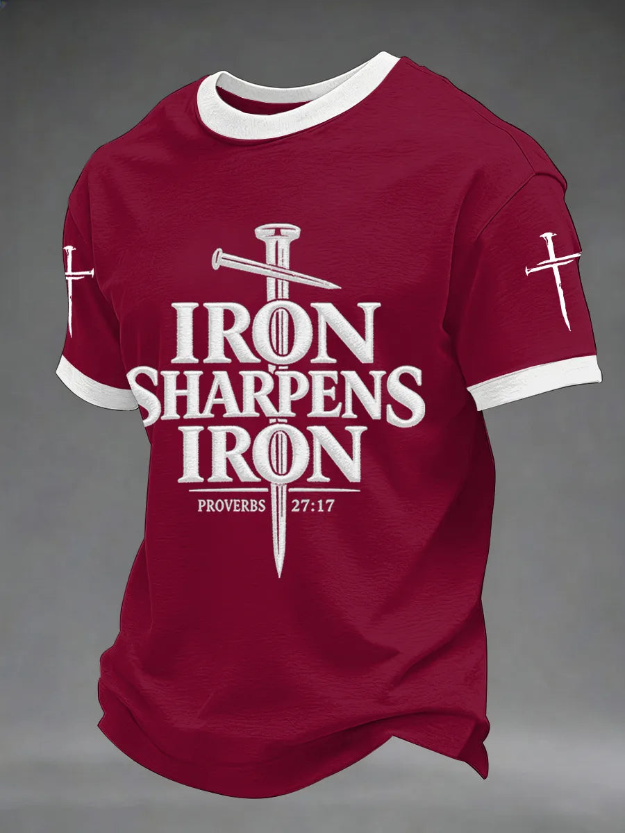 Men's Iron Sharpens Iron Proverbs 27:17 Christian Cross Print Casual Tee