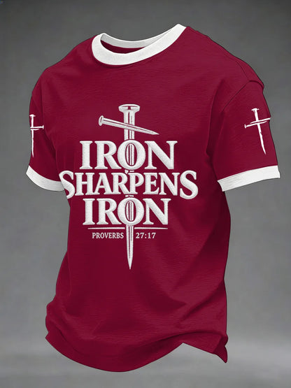 Men's Iron Sharpens Iron Proverbs 27:17 Christian Cross Print Casual Tee