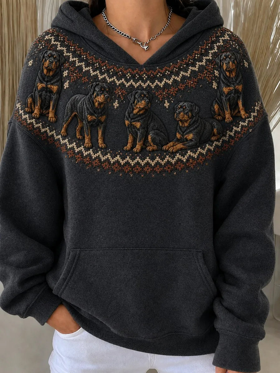 Women's Vintage Rottweiler Dogs Yoke Isle Pattern Print Cozy Oversize Hoodies