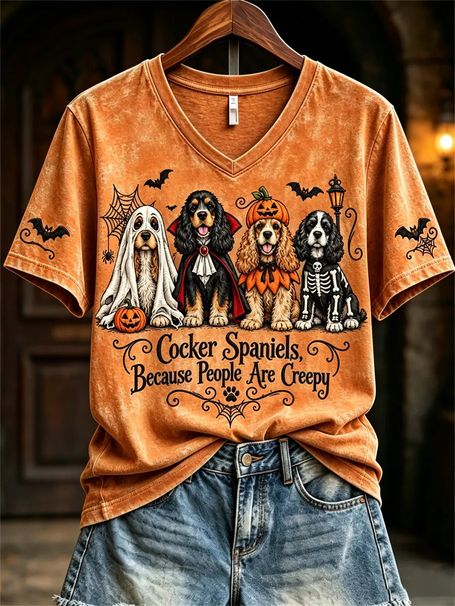 Women's Cocker Spaniels Because People Are Creepy Halloween Dogs Print short-sleeved T-shirt