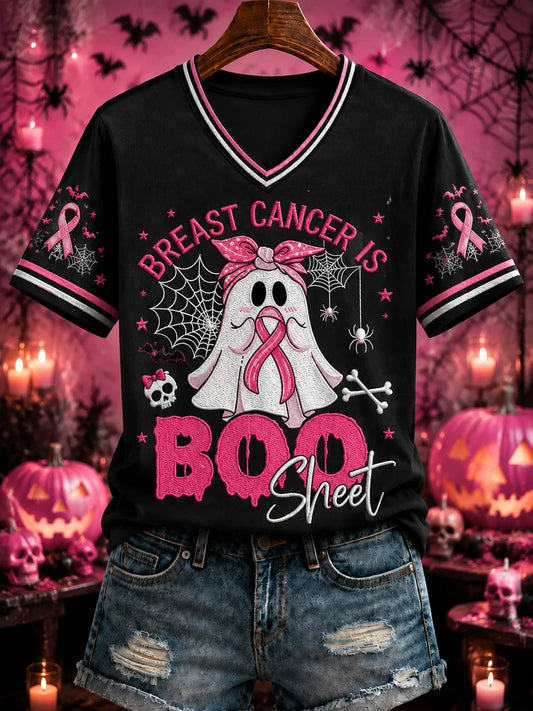 Women's “BREAST CANCER IS BOO Sheet” Printed V-neck T-shirt