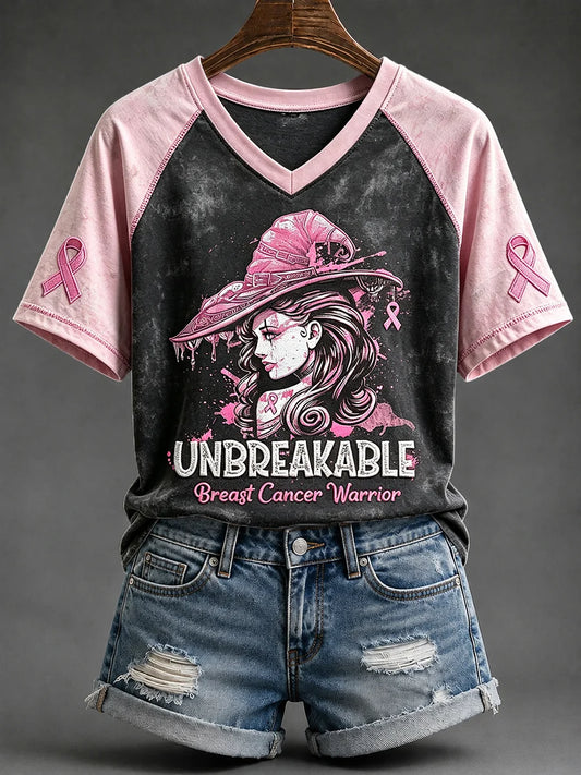 Women's Halloween Breast Cancer Warrior Unbreakable Print V-neck Short-sleeved T-shirt