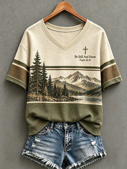 Women's Be Still And Know Psalm 46:10 Print Short-Sleeve Top