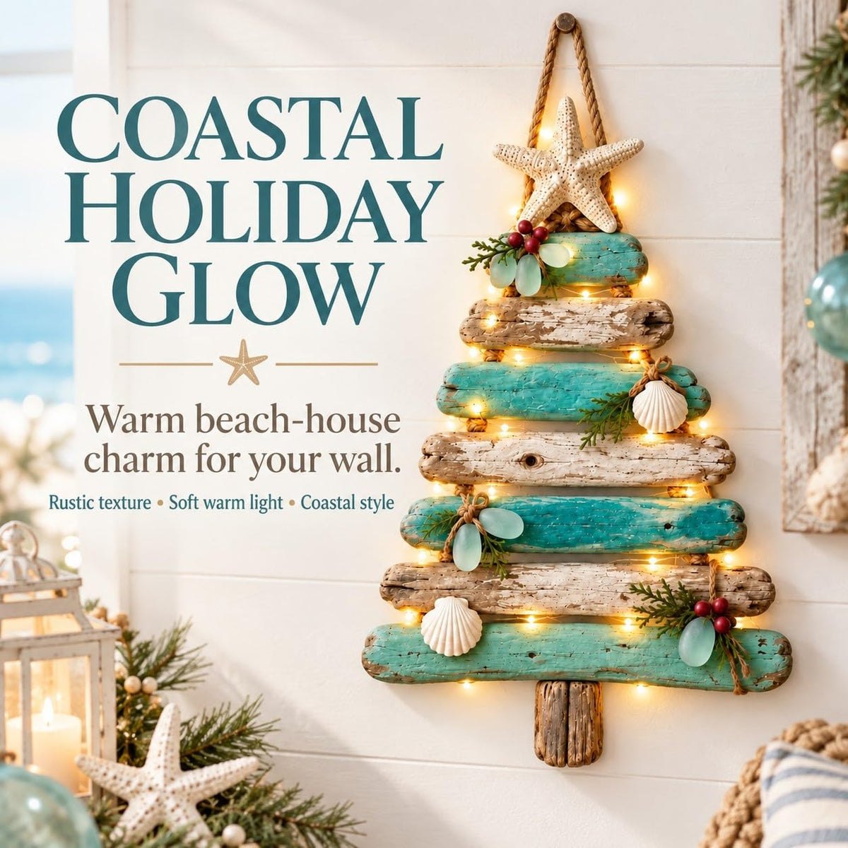 Coastal Christmas Driftwood Tree – Lighted Beach-Inspired Wall Decor