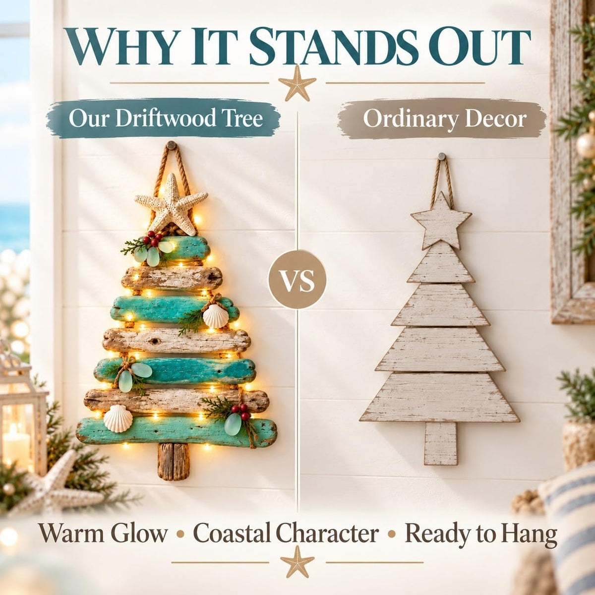 Coastal Christmas Driftwood Tree – Lighted Beach-Inspired Wall Decor