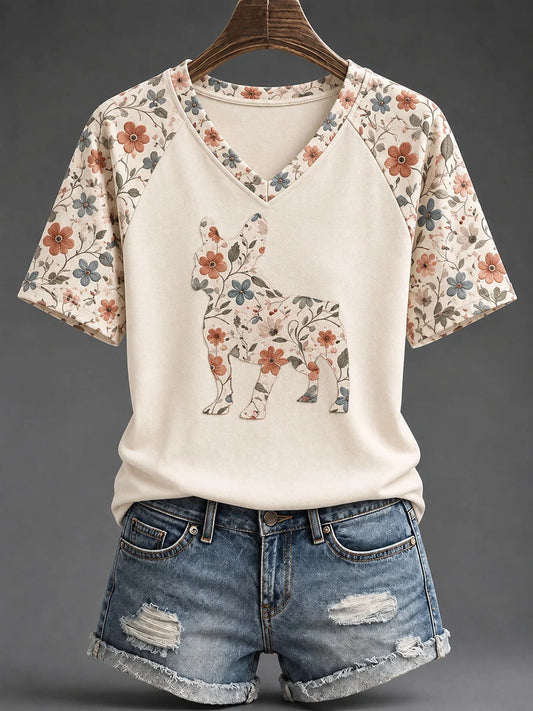 Women's French Bulldog Floral Print Casual T-Shirt