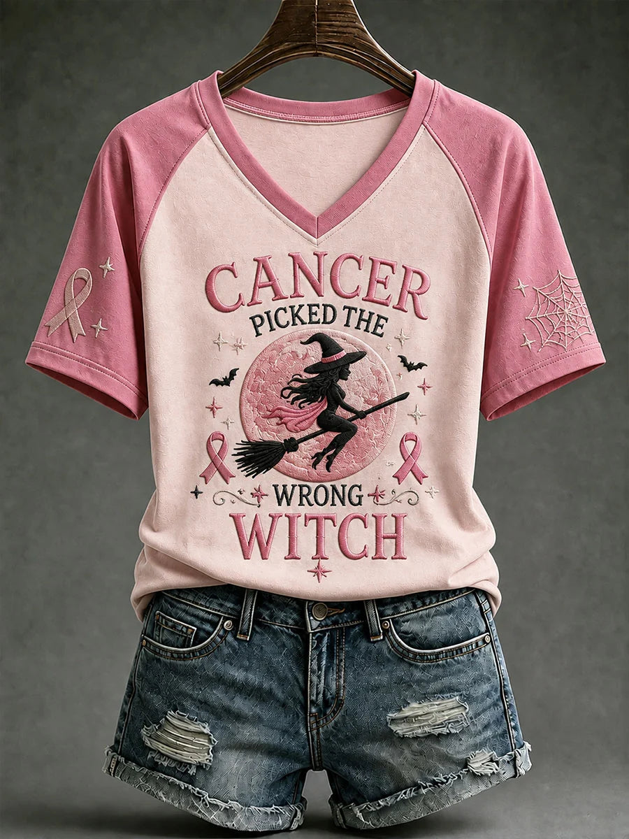 Women's Cancer Picked The Wrong Witch Breast Cancer Awareness V-neck T-shirt