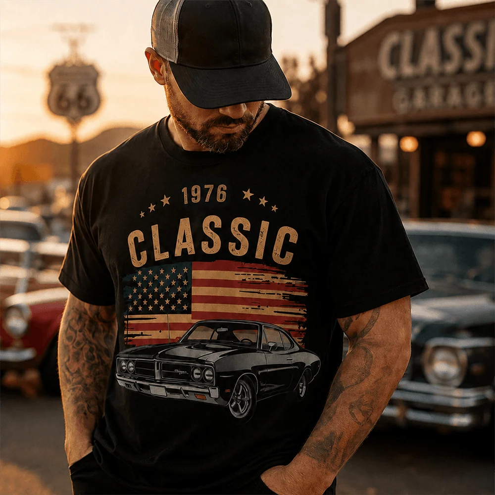 Personalized Classic Car Shirt with Custom Photo, Year & Flag – Retro Tee, Sweatshirt or Hoodie for Car Lovers