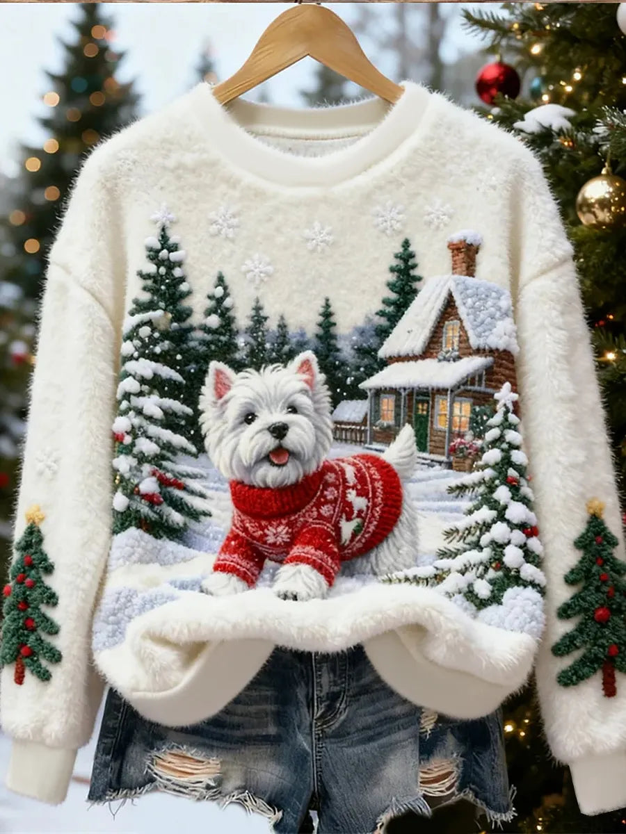 Women's Cute Christmas Dog Art Print Casual Flannel Sweater