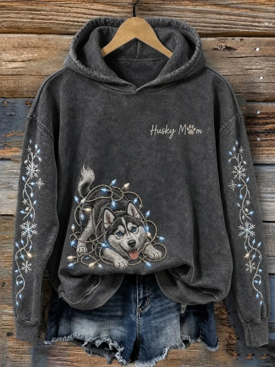 Women's Husky Mom Christmas Lights & Naughty Dog Print Cozy Hoodie