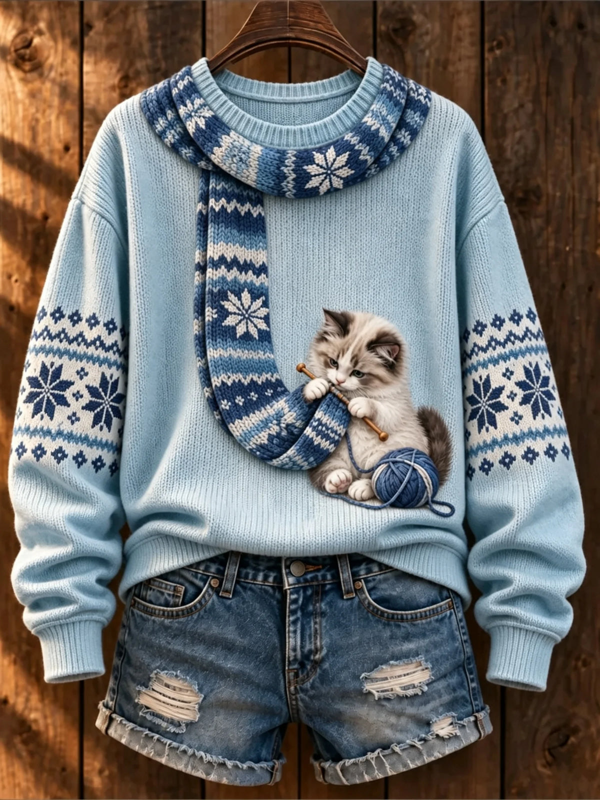 Women's Cute Winter Cat Print Long-Sleeve Knit Top