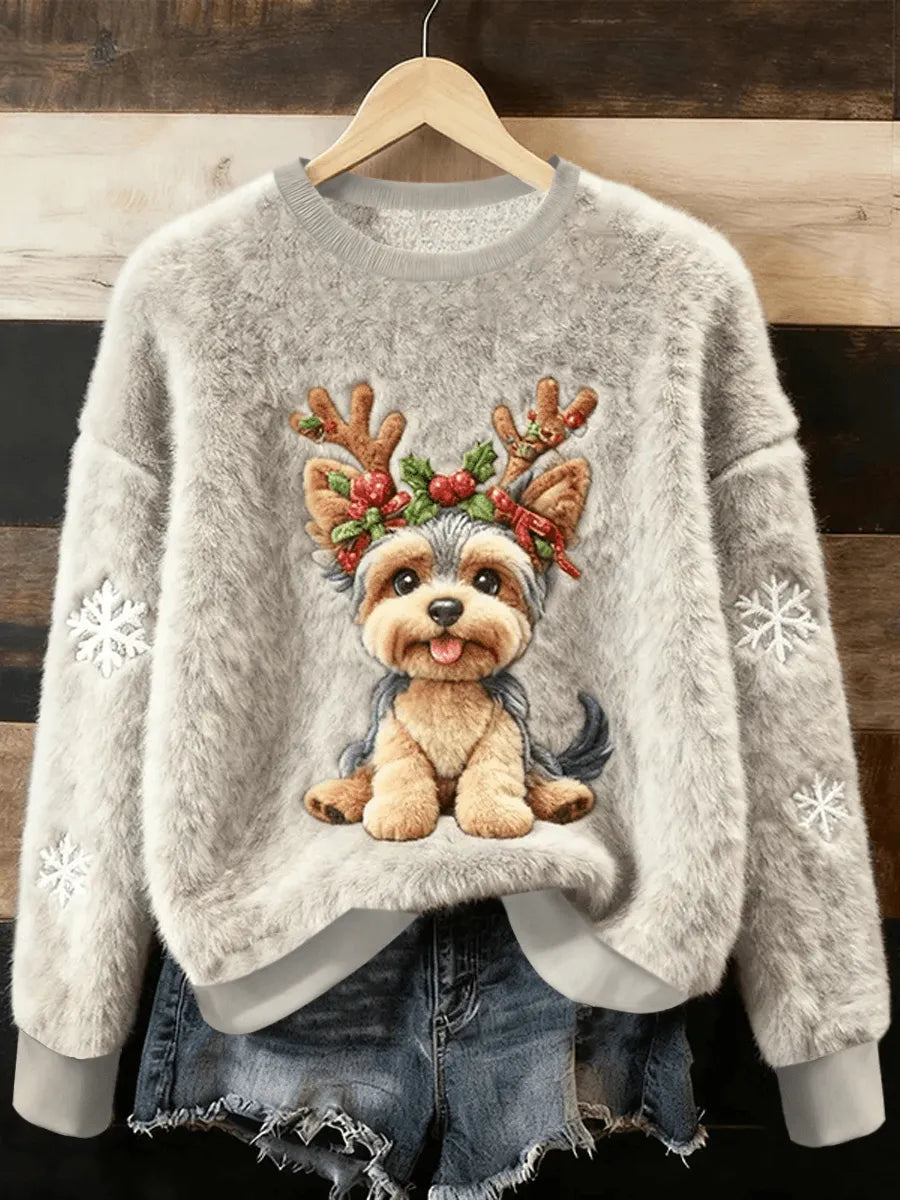 Women's Cute Christmas Dog Art Print Casual Flannel Sweater