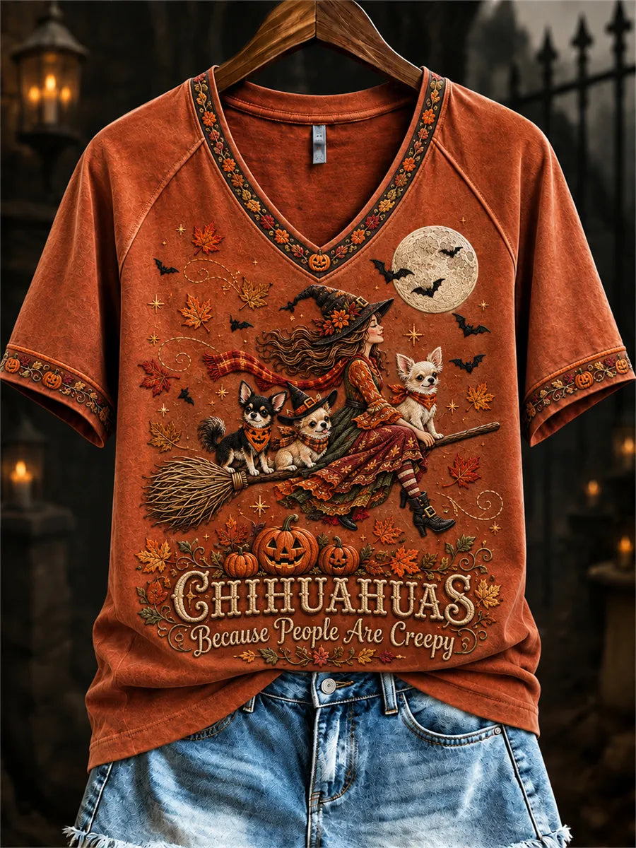 Women's Chihuahuas Because People Are Creepy Fall Witch & Dogs Print short-sleeved T-shirt