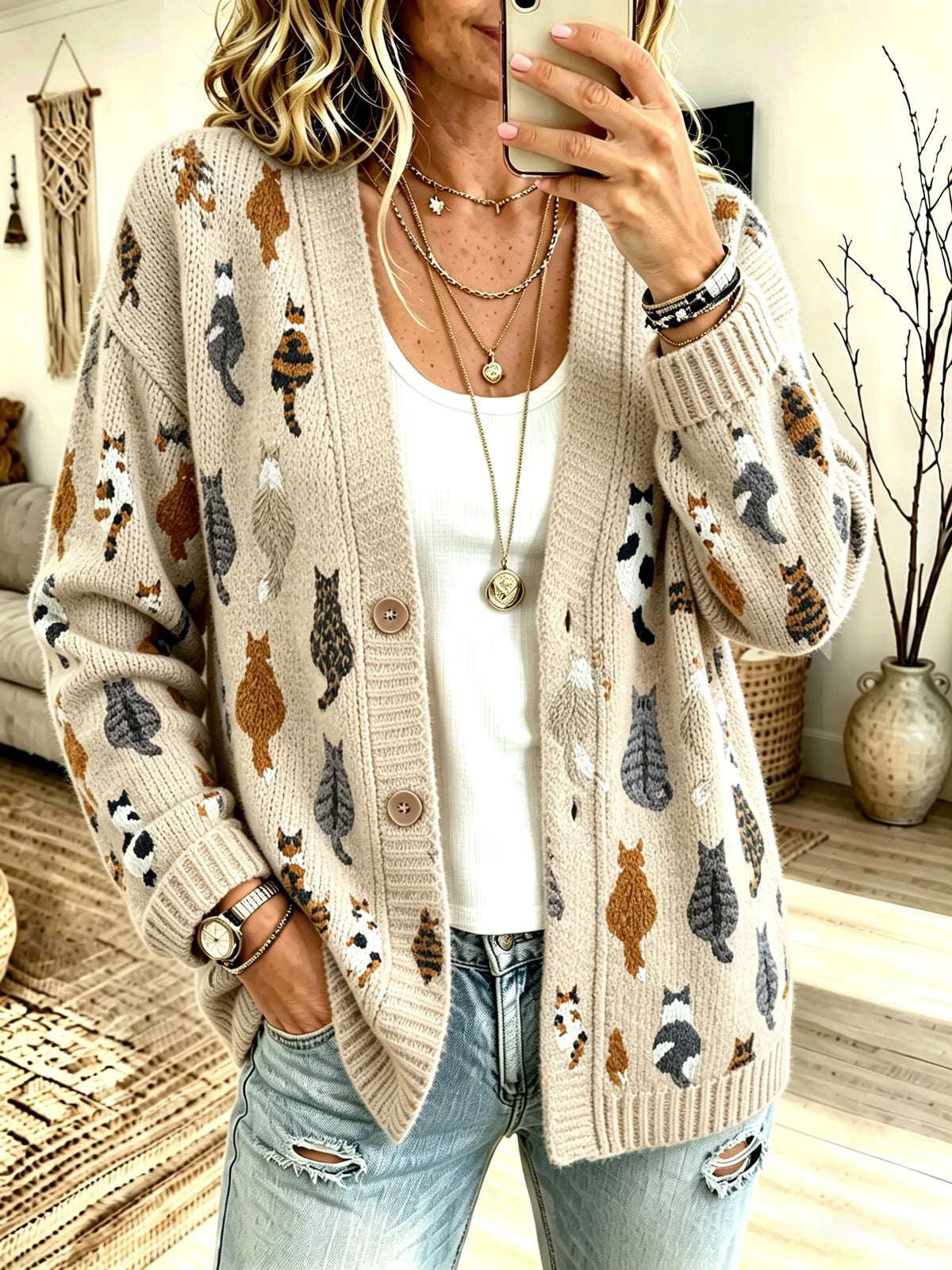 Women's Retro Cat Print Sweater Jacket