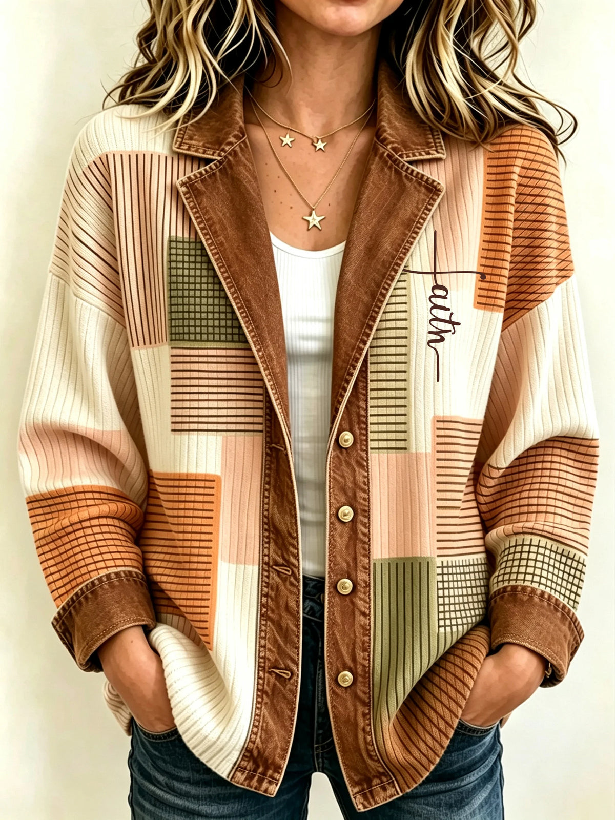Women's Casual Cardigan with Retro Geometric Faux-Denim Print