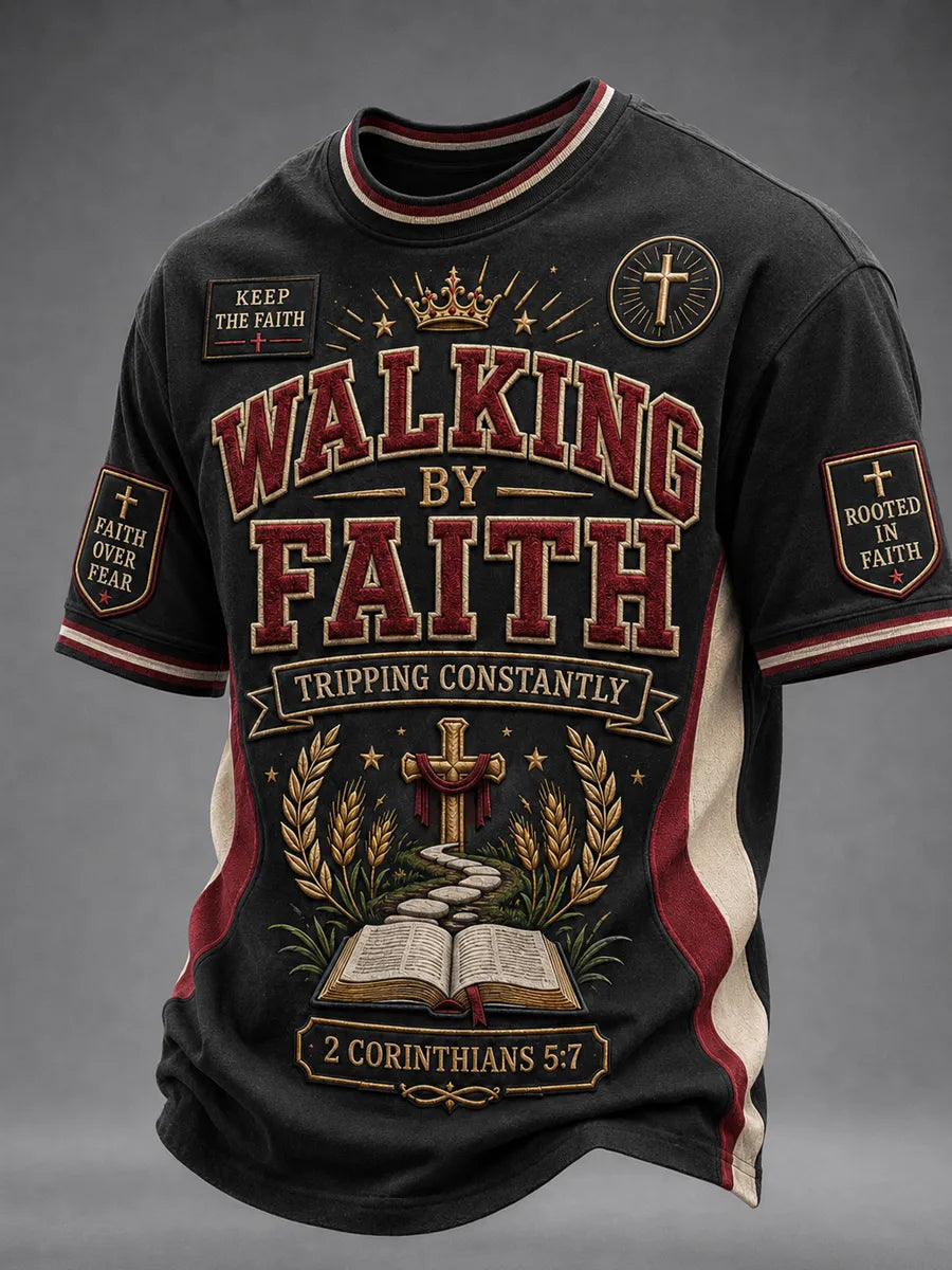 Men's Christian Walking By Faith, Tripping Constantly Cross O-neck Short Sleeve T-shirt