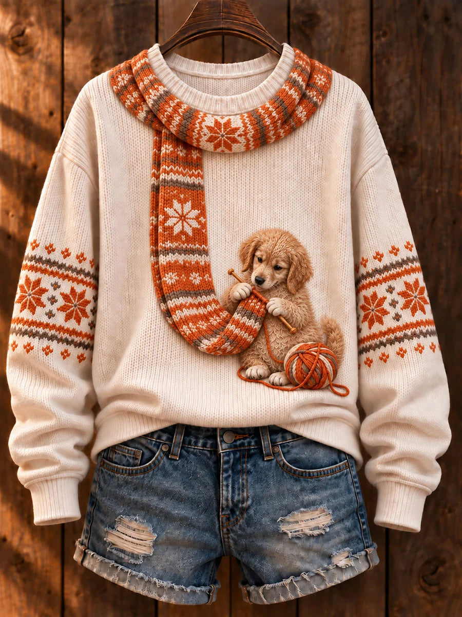Women's "Dog Knitting a Scarf" Golden Retriever Art-Print Casual Sweater