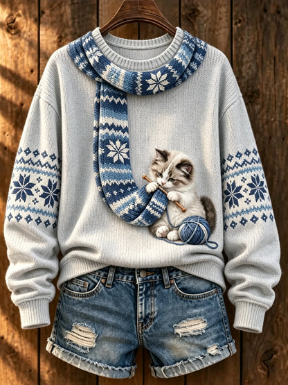 Women's Cute Winter Cat Print Long-Sleeve Knit Top