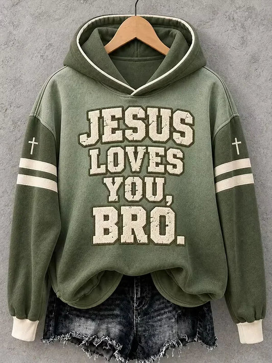 Women's Jesus Loves You Bro Ombre Print Casual Hoodie