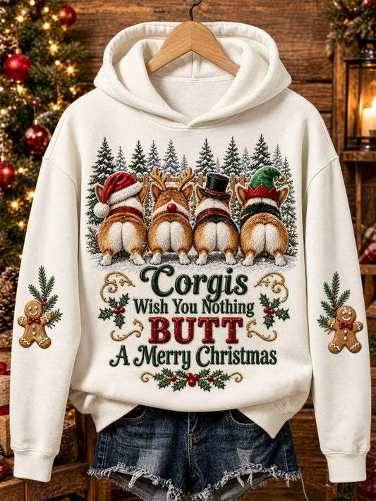 Women's Corgis Wish You Nothing Butt A Merry Christmas Print Cozy Hoodie