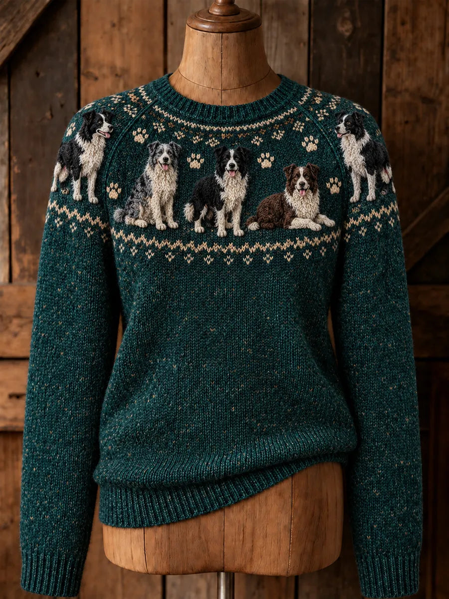 Women's Vintage Border Collies Yoke Isle Print Long-sleeved Sweater