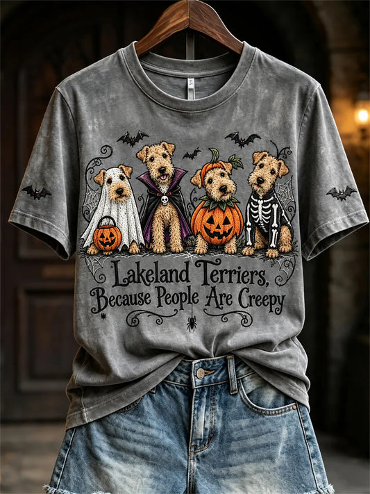 Women's Lakeland Terriers Because People Are Creepy Halloween Dogs Print short-sleeved T-shirt
