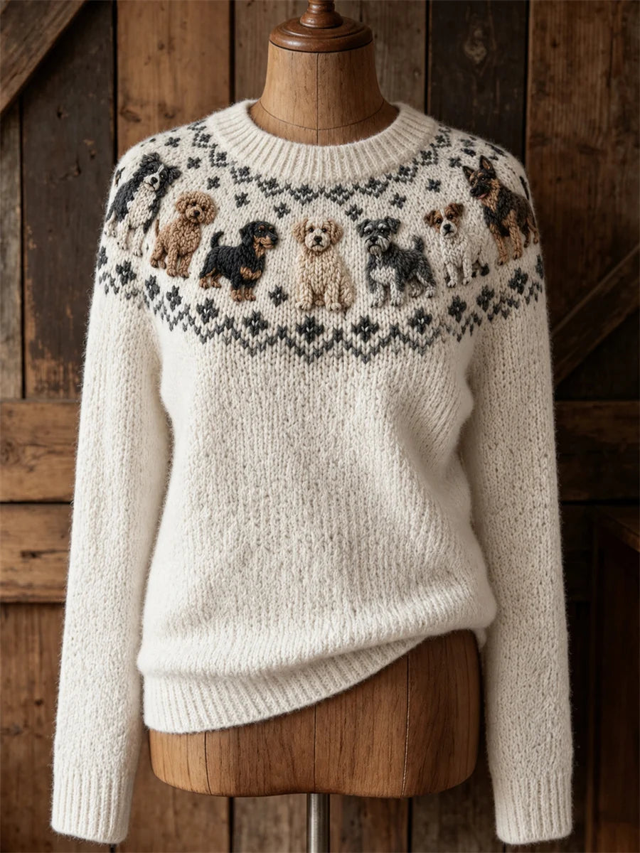 Women's Vintage Dogs Yoke Isle Pattern Print crew neck sweater