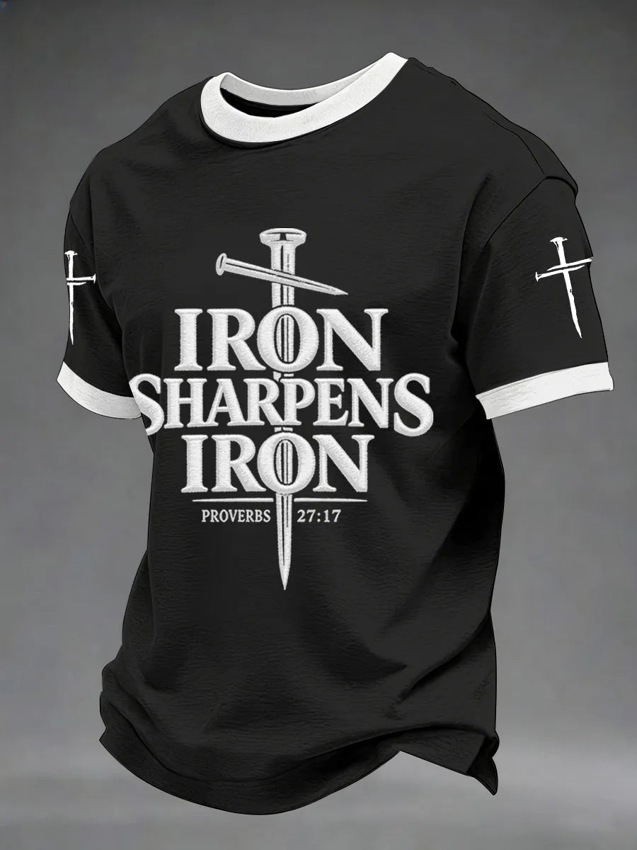 Men's Iron Sharpens Iron Proverbs 27:17 Christian Cross Print Casual Tee