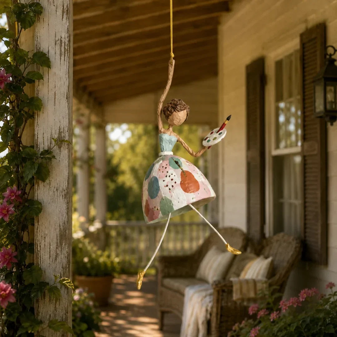 🌸 Hand-Painted Dancing Lady Hanging Ornament — Whimsical Folk Art That Danced Off the Page | Handcrafted Floral Bell-Skirt, Wire Legs & Little Songbird Charm | Charming Decor for Porch, Sunroom, Nursery & Reading Nook