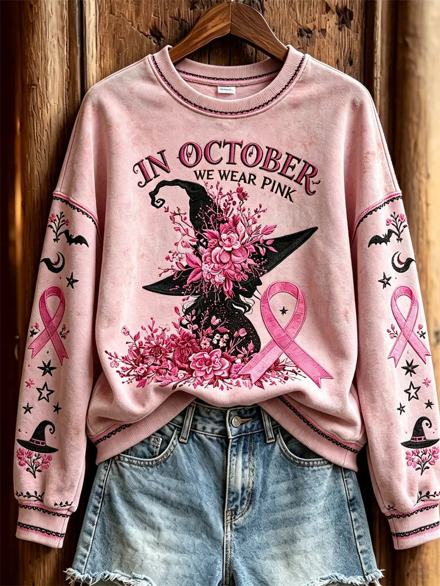 Women's In October We Wear Pink Halloween Witch Floral Print Sweatshirt