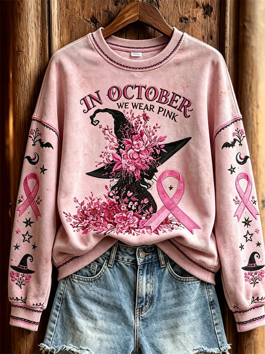 Women's In October We Wear Pink Halloween Witch Floral Print Sweatshirt